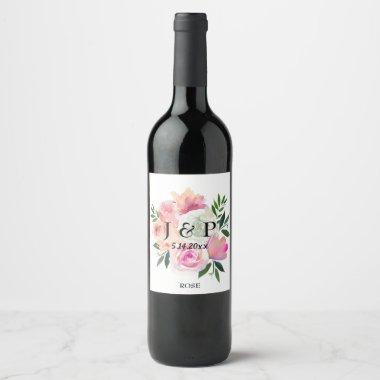 Blush Pink & Gray Floral Botanical Monogram Wine Label