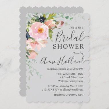 Blush Pink & Gray Floral Bouquet Bridal Shower Invitations