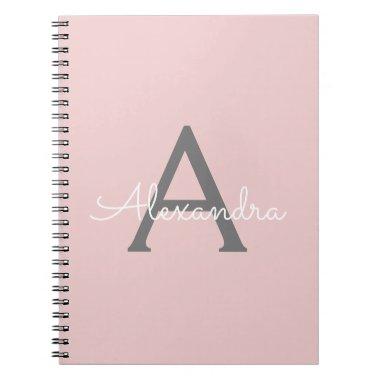 Blush Pink Gray Modern Script Girly Monogram Name Notebook