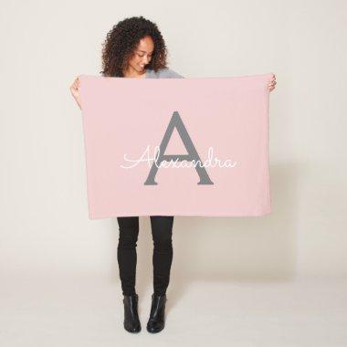 Blush Pink Grey Girly Monogram Name Modern Fleece Blanket