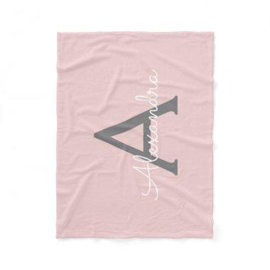 Blush Pink Grey Girly Monogram Name Modern Fleece Blanket