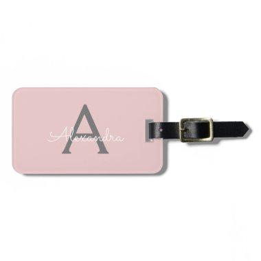 Blush Pink Grey Girly Script Monogram Name Modern Luggage Tag