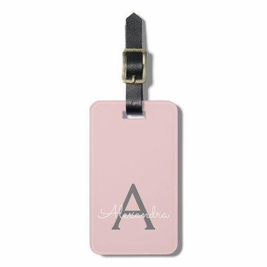 Blush Pink Grey Girly Script Monogram Name Modern Luggage Tag