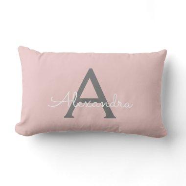 Blush Pink Grey Girly Script Monogram Name Modern Lumbar Pillow