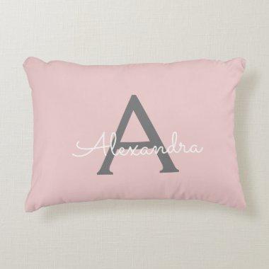 Blush Pink Grey Modern Script Girly Monogram Name Accent Pillow