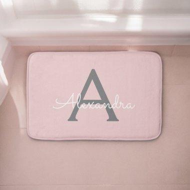 Blush Pink Grey Modern Script Girly Monogram Name Bath Mat