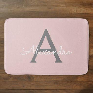 Blush Pink Grey Modern Script Girly Monogram Name Bath Mat