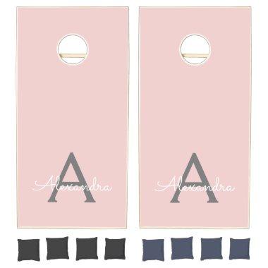 Blush Pink Grey Modern Script Girly Monogram Name Cornhole Set
