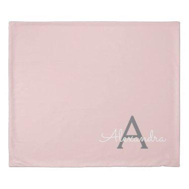 Blush Pink Grey Modern Script Girly Monogram Name Duvet Cover