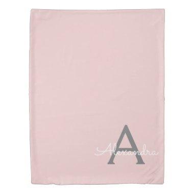 Blush Pink Grey Modern Script Girly Monogram Name Duvet Cover