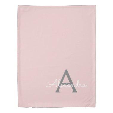Blush Pink Grey Modern Script Girly Monogram Name Duvet Cover