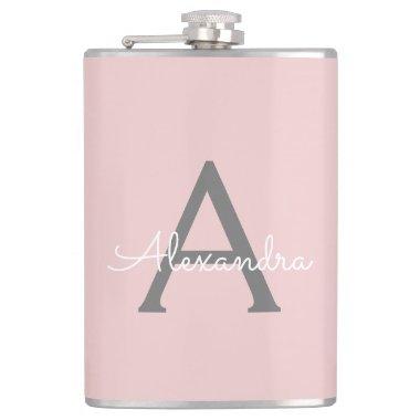 Blush Pink Grey Modern Script Girly Monogram Name Flask