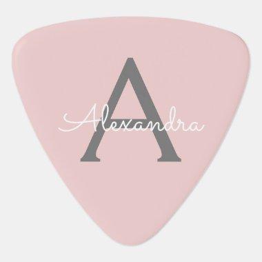 Blush Pink Grey Modern Script Girly Monogram Name Guitar Pick