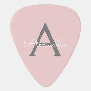 Blush Pink Grey Modern Script Girly Monogram Name Guitar Pick