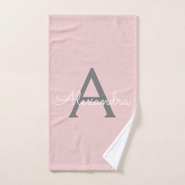 Blush Pink Grey Modern Script Girly Monogram Name Hand Towel