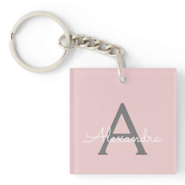 Blush Pink Grey Modern Script Girly Monogram Name Keychain