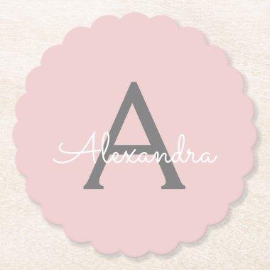 Blush Pink Grey Modern Script Girly Monogram Name Paper Coaster