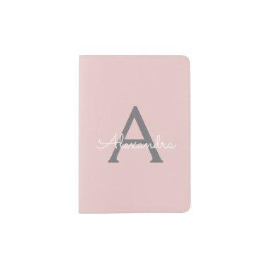 Blush Pink Grey Modern Script Girly Monogram Name Passport Holder