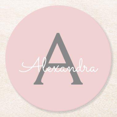 Blush Pink Grey Modern Script Girly Monogram Name Round Paper Coaster