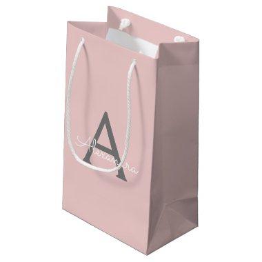 Blush Pink Grey Modern Script Girly Monogram Name Small Gift Bag