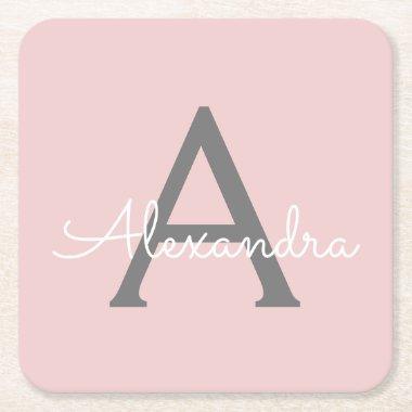 Blush Pink Grey Modern Script Girly Monogram Name Square Paper Coaster