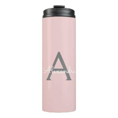 Blush Pink Grey Modern Script Girly Monogram Name Thermal Tumbler