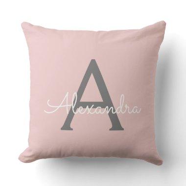 Blush Pink Grey Modern Script Girly Monogram Name Throw Pillow