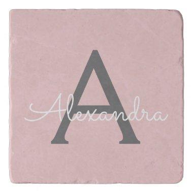 Blush Pink Grey Modern Script Girly Monogram Name Trivet