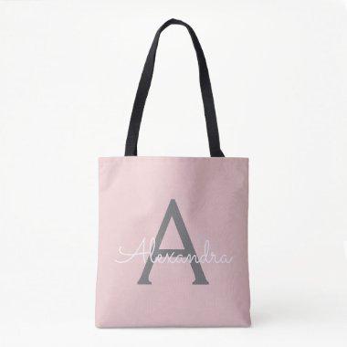 Blush Pink Grey Name Girly Script Monogram Modern Tote Bag