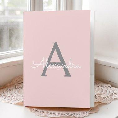 Blush Pink Grey Simple Script Monogram Girly Pocket Folder