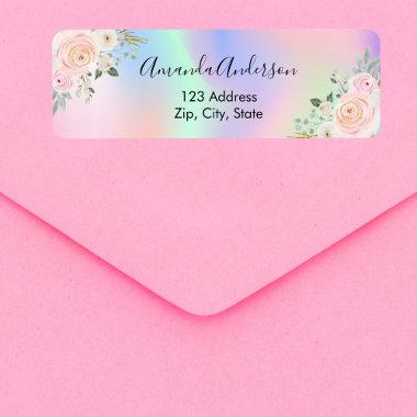 Blush pink holographic floral return address label