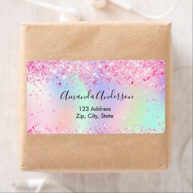 Blush pink holographic glitter return address label