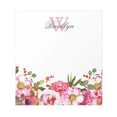Blush Pink Hot Pink Garden Floral Monogrammed Notepad