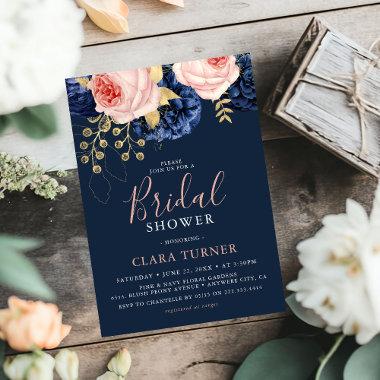 Blush Pink & Midnight Navy Florals Bridal Shower Invitations
