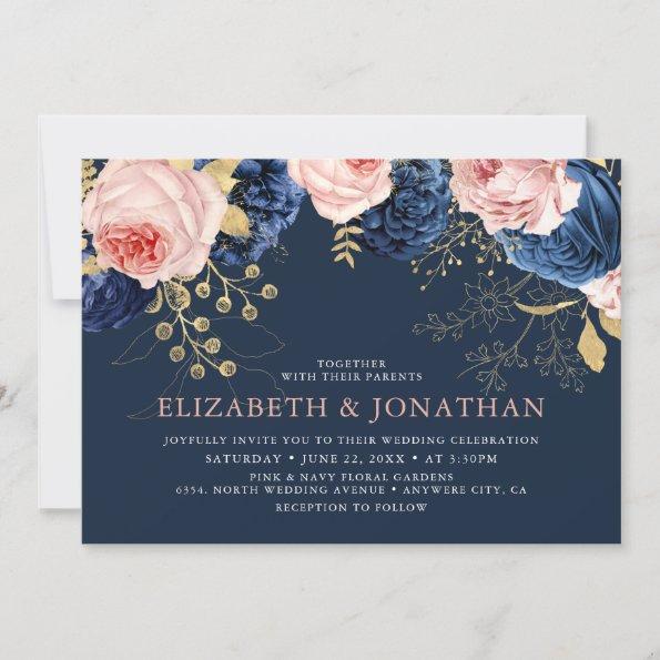 Blush Pink & Midnight Navy Florals Elegant Wedding Invitations