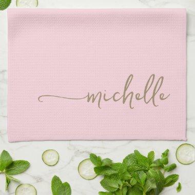 Blush Pink Monogram Name Gold Calligraphy Script Kitchen Towel