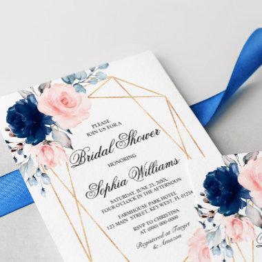 Blush Pink & Navy Blue Floral Bridal Shower Invitations