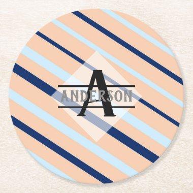 Blush Pink Navy Blue Monogram Round Paper Coaster