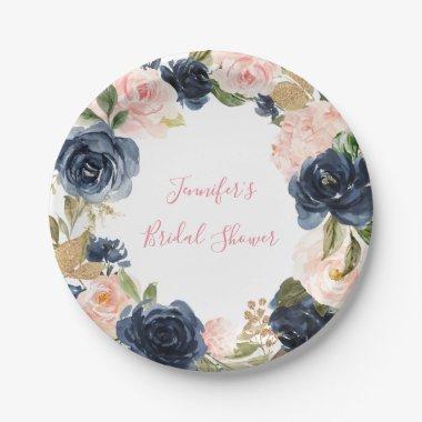 Blush Pink | Navy Floral Wreath Bridal Shower Paper Plates