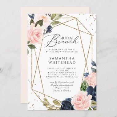 Blush Pink Navy Geometric Floral Bridal Shower Invitations