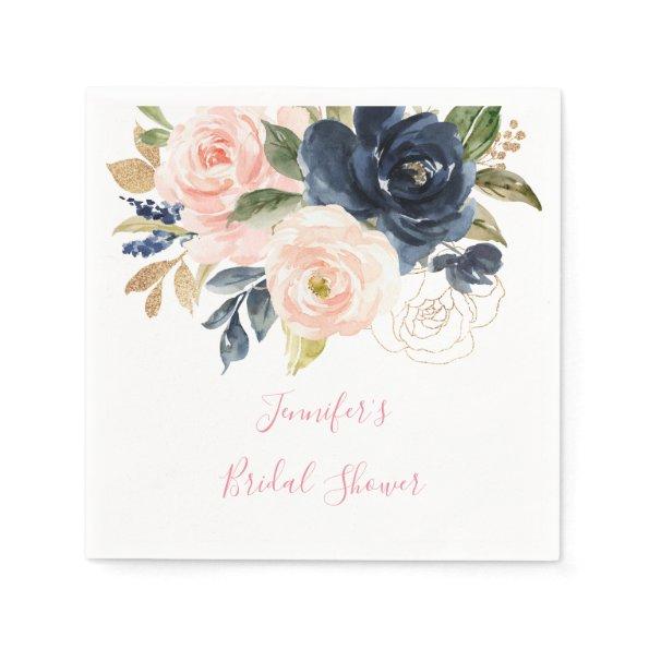 Blush Pink | Navy Watercolor Floral Bridal Shower Napkins