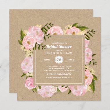 Blush Pink Peonie Kraft Paper Rustic Bridal Shower Invitations