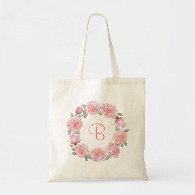 Blush pink peonies floral wreath personalized tote bag