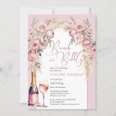 Blush pink peonies pampas boho brunch and bubbly Invitations