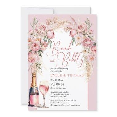 Blush pink peonies pampas boho brunch and bubbly Invitations