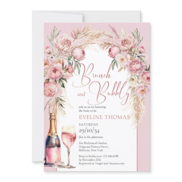 Blush pink peonies pampas boho brunch and bubbly Invitations