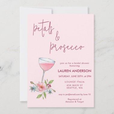 Blush Pink Petals and Prosecco Bridal Shower Invitations