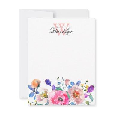 Blush Pink Purple Floral Teal Leaves Monogrammed Note