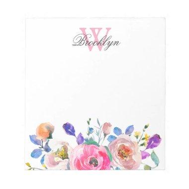 Blush Pink Purple Garden Floral Monogrammed Notepad