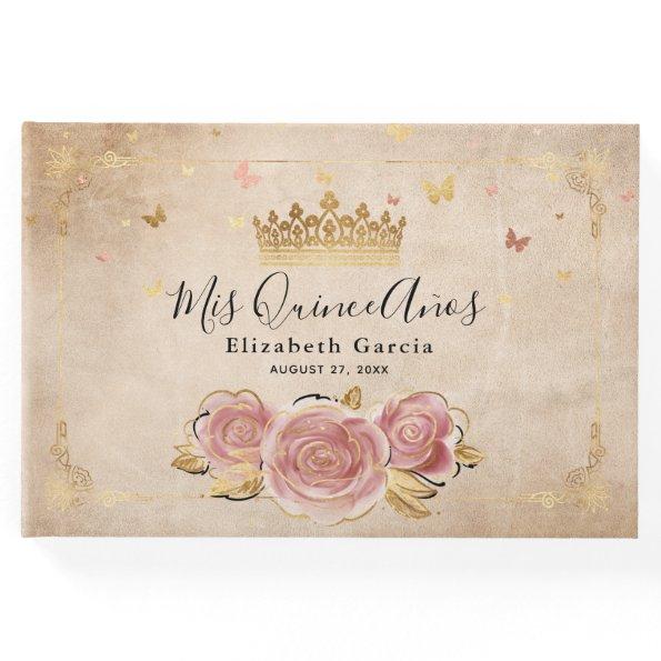 Blush Pink Rose and Gold Crown Elegant Quinceanera Guest Book